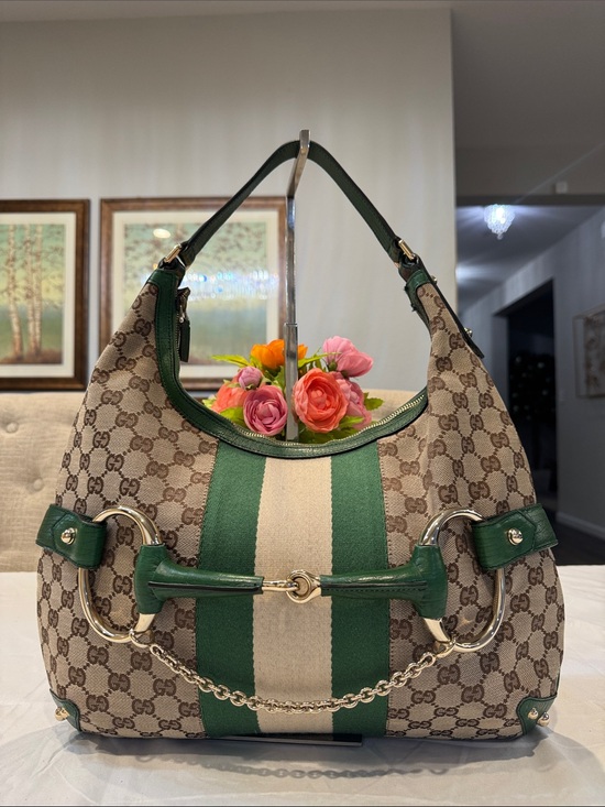 Gucci Handbags - Authentic Gucci Beige Monogram Hobo with Green and Cream Stripes